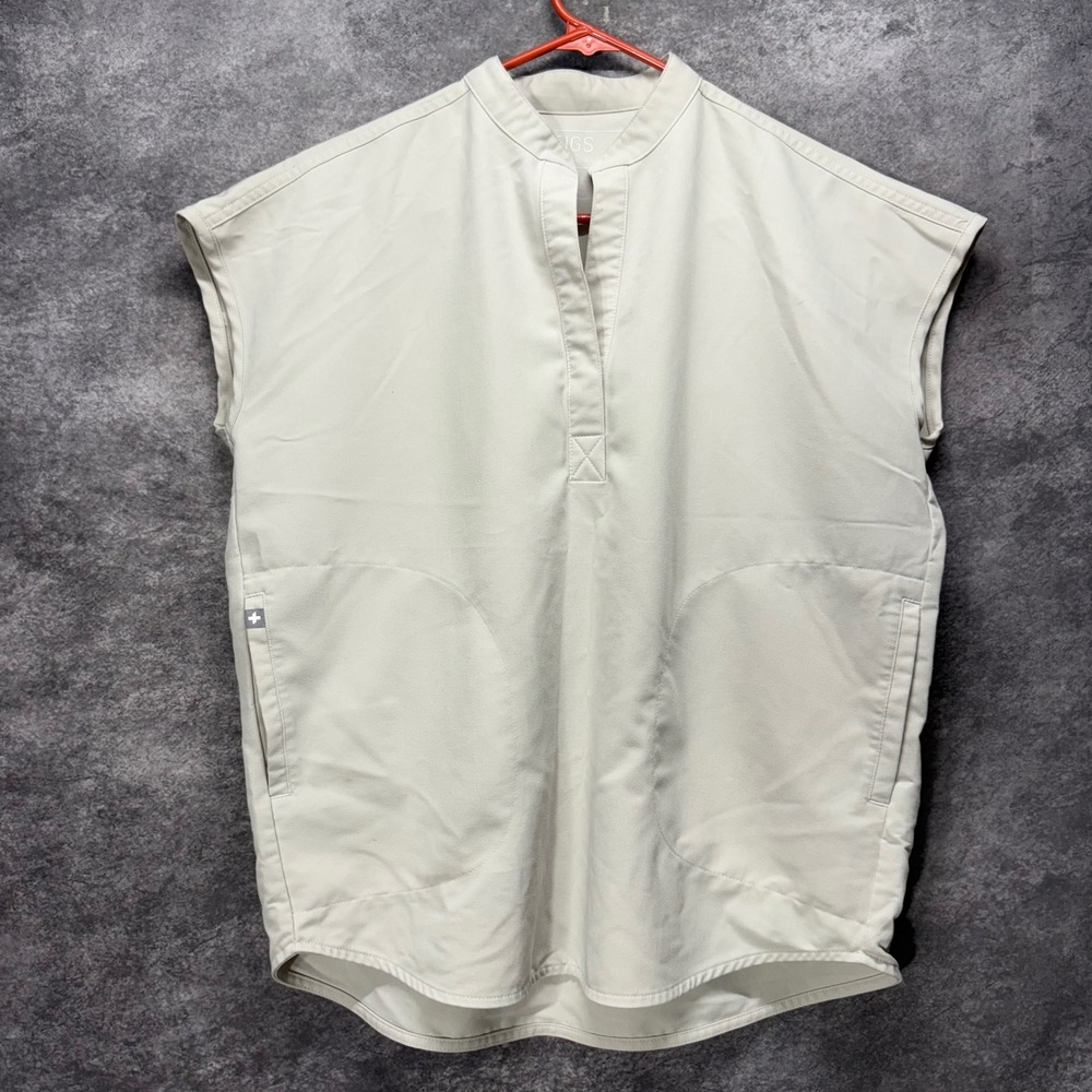 FIGS Rafaela Scrub Top Size XXS Sand Beige Mandarin Collar Cap Sleeve Oversized
